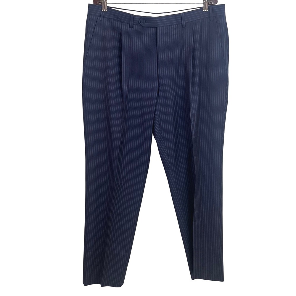 Canali Navy Blue Pin Striped Pleated Wool Pants Preppy‎ Italy 38x31.5 Men's